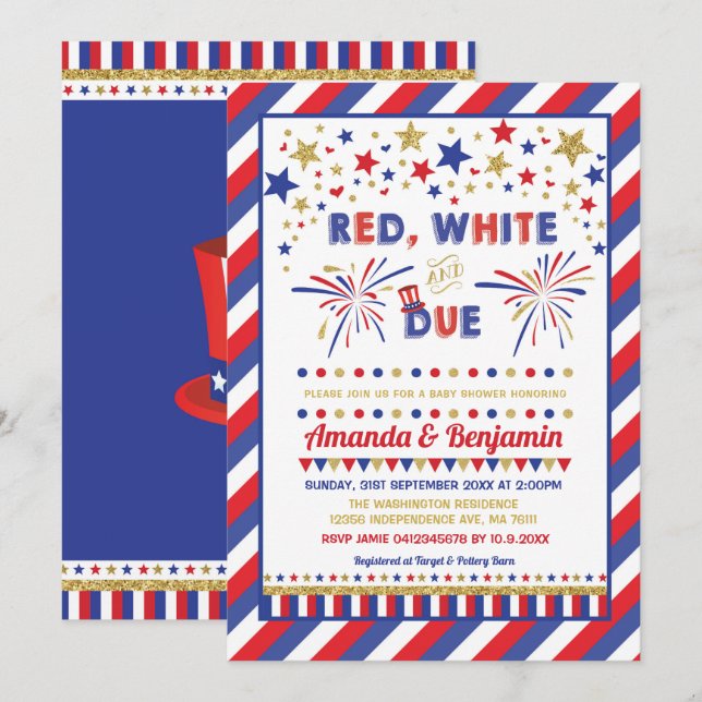 Patriotic 4th July Baby Shower Red White and Due Invitation (Front/Back)