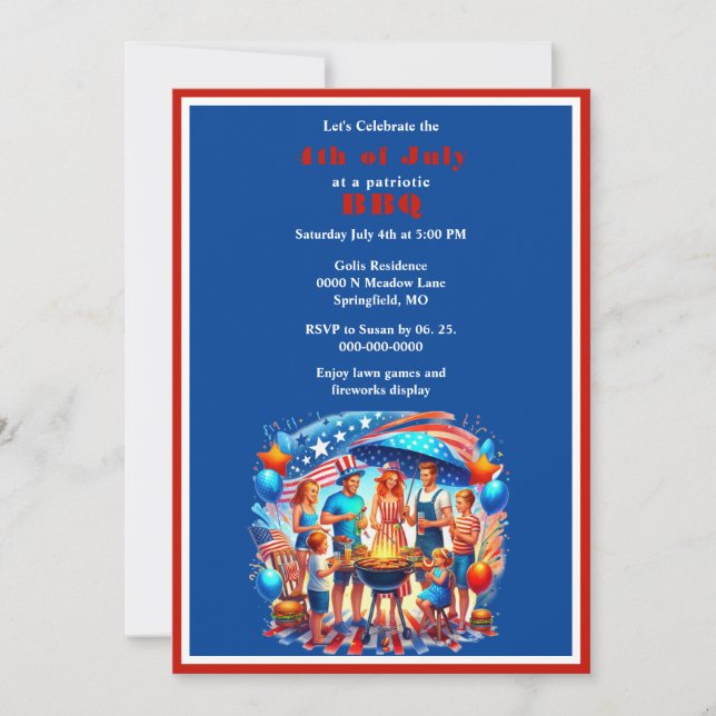 Patriotic 4th of July BBQ House Party  Invitation (Front)