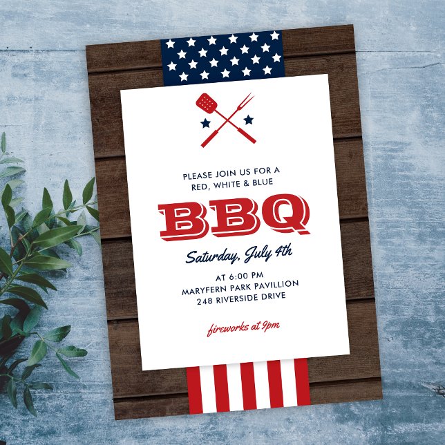 Patriotic 4th of July BBQ Rustic Wood Invitation (Creator Uploaded)