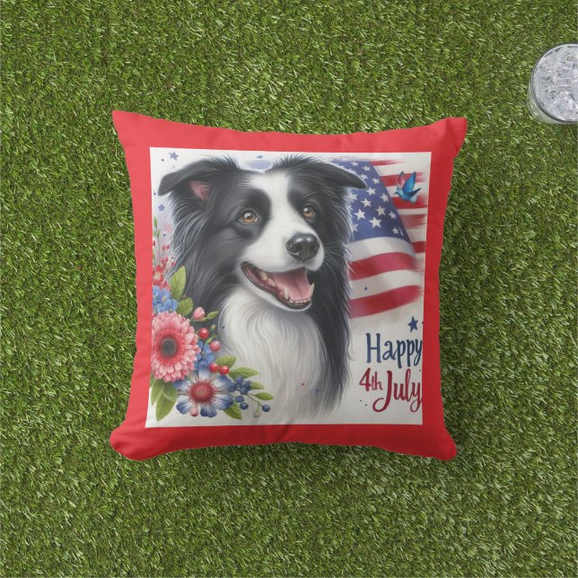 Patriotic 4th of July Border Collie Throw Pillow (Grass)