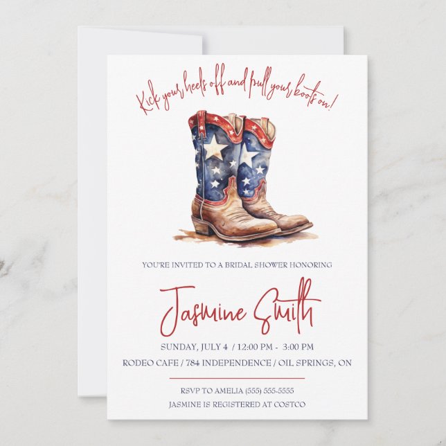 Patriotic 4th of July, Cowgirl Boots Bridal Shower Invitation (Front)