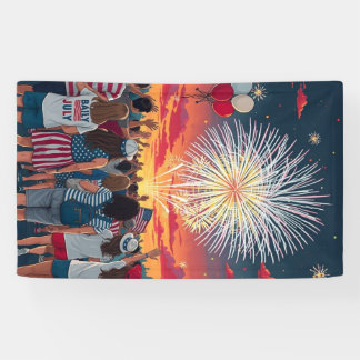 Patriotic 4th of July Fireworks Celebration Crowd  Banner