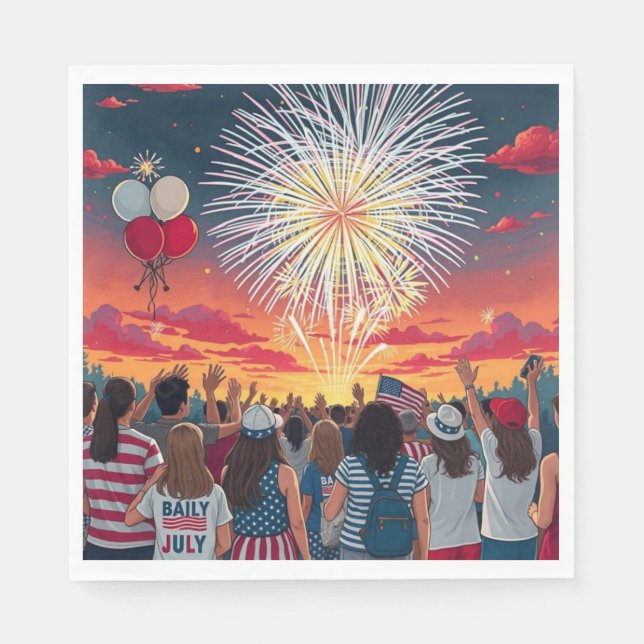 Patriotic 4th of July Fireworks Celebration Crowd  Napkin (Front)