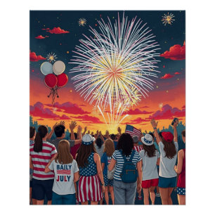 Patriotic 4th of July Fireworks Celebration Crowd  Poster