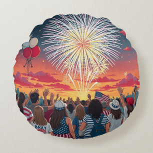 Patriotic 4th of July Fireworks Celebration Crowd Round Cushion
