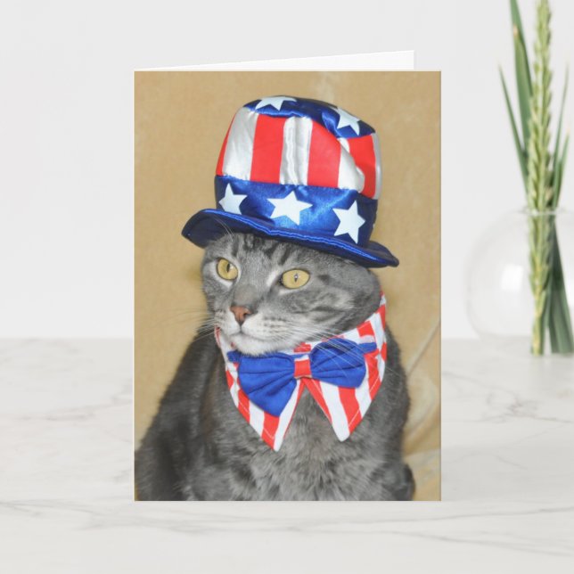 Patriotic 4th of July Grey Tabby Cat card (Front)