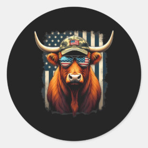 Patriotic 4th Of July Highland Cow  Classic Round Sticker