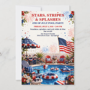 Patriotic 4th of July Pool Party - Red White Blue Invitation