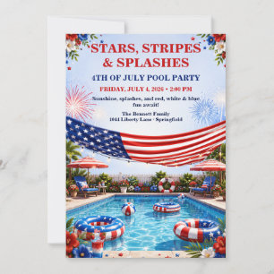 Patriotic 4th of July Pool Party - Red White Blue Invitation