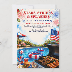 Patriotic 4th of July Pool Party - Red White Blue Invitation