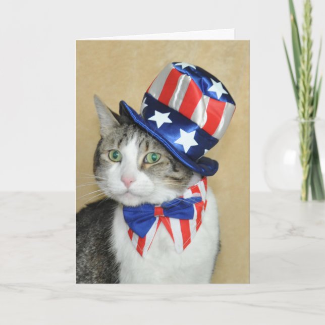 Patriotic 4th of July tabby and white cat card (Front)