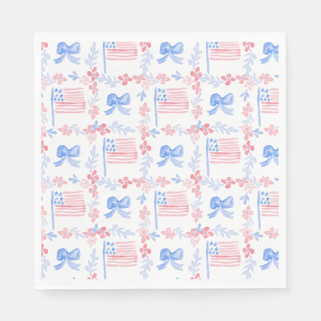 Patriotic 4th of July watercolor flags & bows Napkin (Front)