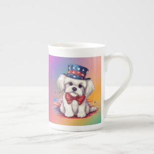 Patriotic 4th of July White Cute Puppy Dog-43568 Bone China Mug