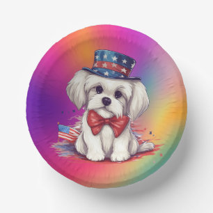 Patriotic 4th of July White Cute Puppy Dog-43568 Paper Plate