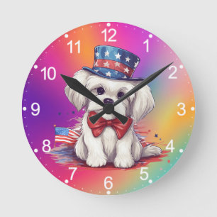 Patriotic 4th of July White Cute Puppy Dog-43568 Round Clock