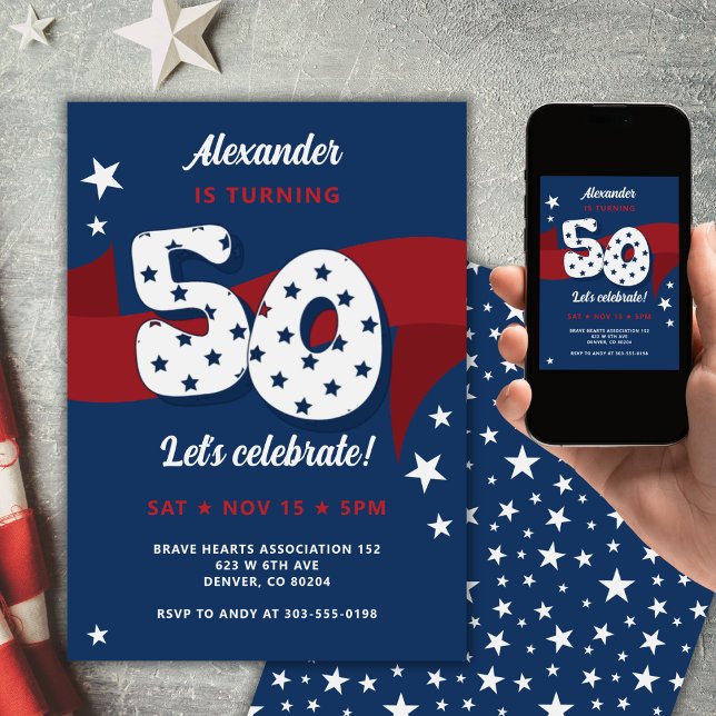 Patriotic 50th Birthday Party Red White Blue Stars Invitation (Creator Uploaded)