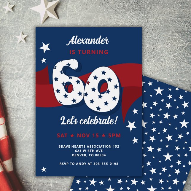 Patriotic 60th Birthday Party Red White Blue Stars Invitation (Creator Uploaded)
