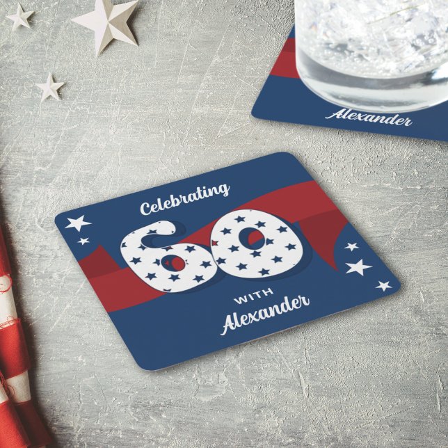 Patriotic 60th Birthday Party Red White Blue Stars Square Paper Coaster (Creator Uploaded)