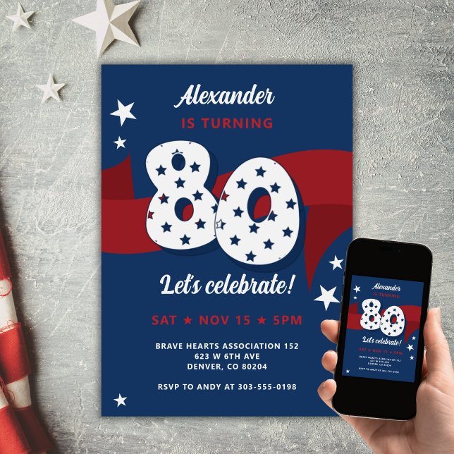 Patriotic 80th Birthday Party Red White Blue Stars Invitation (Creator Uploaded)