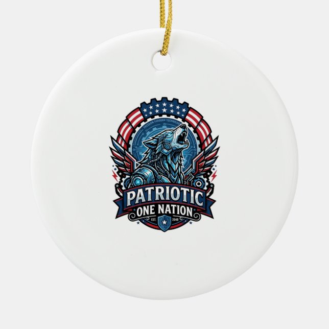 Patriotic Ai Freedom Wolf Cyberpunk Future Freedom Ceramic Tree Decoration (Front)