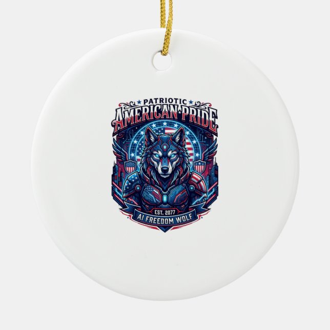 Patriotic Ai Freedom Wolf Cyberpunk Future Freedom Ceramic Tree Decoration (Front)