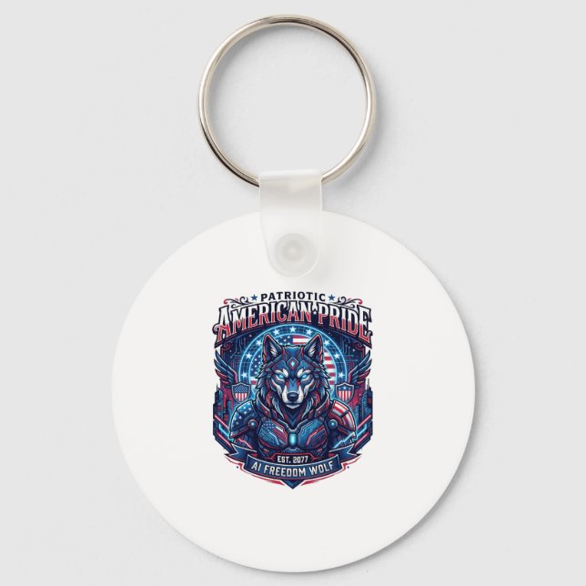 Patriotic Ai Freedom Wolf Cyberpunk Future Freedom Key Ring (Front)