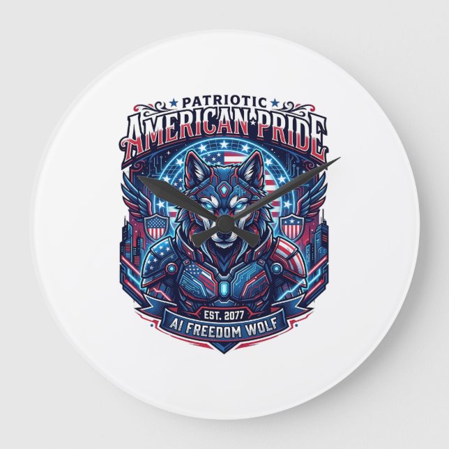 Patriotic Ai Freedom Wolf Cyberpunk Future Freedom Large Clock (Front)