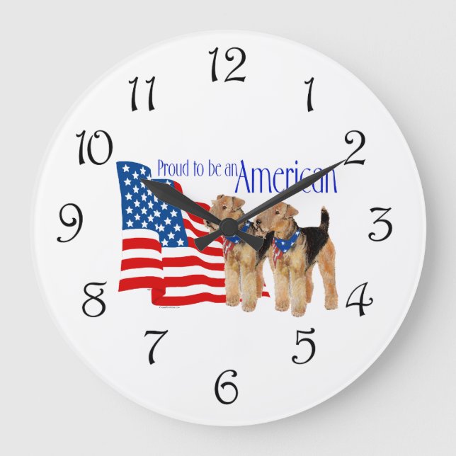 Patriotic Airedale Terriers Large Clock (Front)