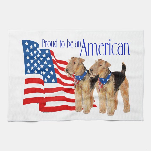 Patriotic Airedale Terriers Tea Towel (Horizontal)