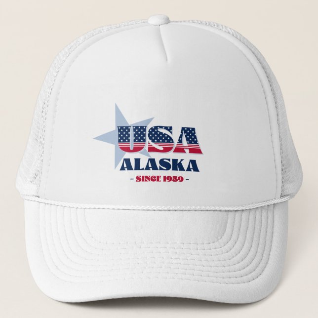 Patriotic Alaska Typography Trucker Hat (Front)