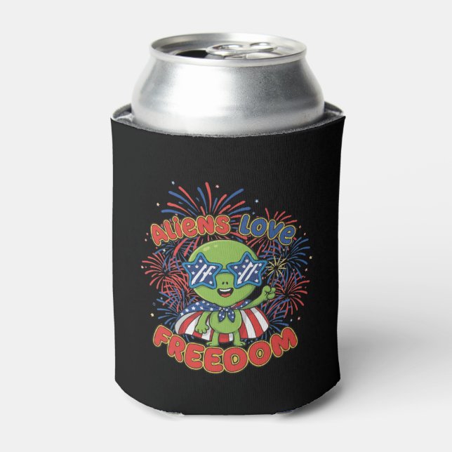 Patriotic Alien 4th of July Fireworks Can Cooler (Can Front)