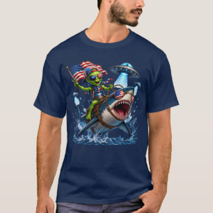 Patriotic Alien Riding a Shark with UFOs T-Shirt