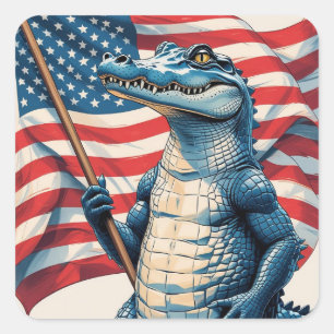 Patriotic Alligator holding the American Flag Square Sticker
