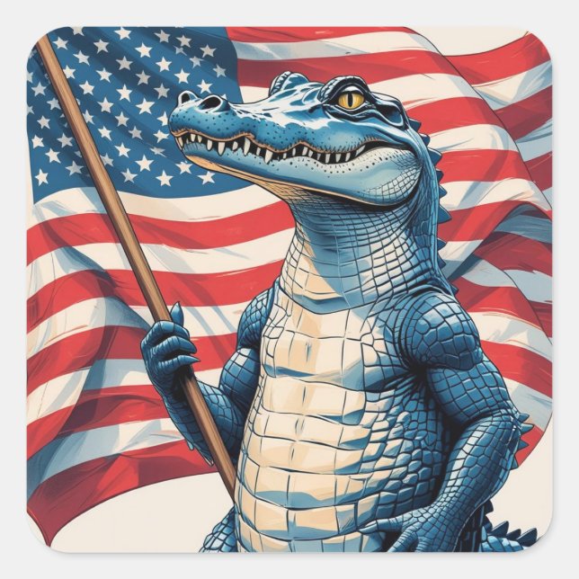 Patriotic Alligator holding the American Flag Square Sticker (Front)