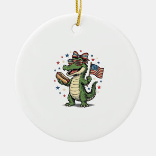 Patriotic Alligator Hot Dog Vintage Vector Shirt ( Ceramic Tree Decoration