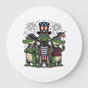 Patriotic Alligator Trio Vintage Fourth of July Sh Large Clock