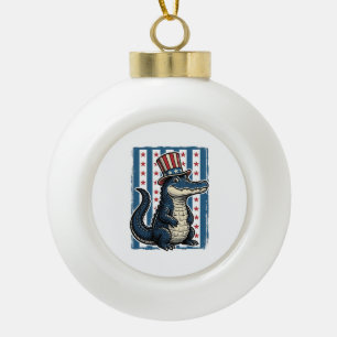 Patriotic Alligator Vintage Engraving Shirt Design Ceramic Ball Christmas Ornament