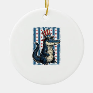 Patriotic Alligator Vintage Engraving Shirt Design Ceramic Tree Decoration