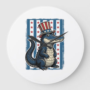 Patriotic Alligator Vintage Engraving Shirt Design Large Clock