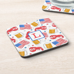 Patriotic America Flag Beer Lobster Monogram  Coaster