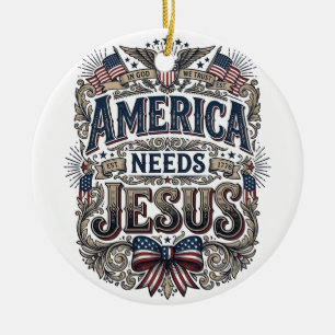 Patriotic America Needs Jesus Vintage T-Shirt Ceramic Tree Decoration
