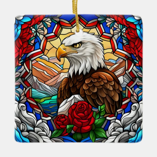 Patriotic American Bald Eagle "Stained Glass" Ceramic Ornament (Front)