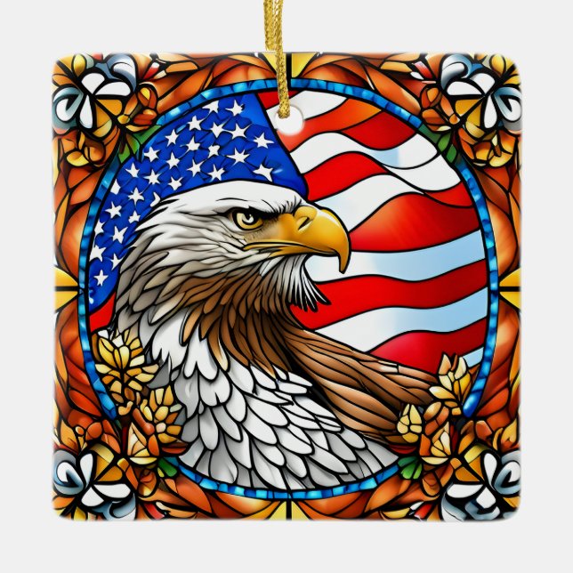 Patriotic American Bald Eagle "Stained Glass" Ceramic Ornament (Front)