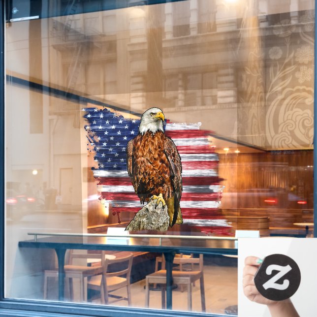 Patriotic American Bald Eagle USA Flag Old Glory Window Cling (Cafe Window)