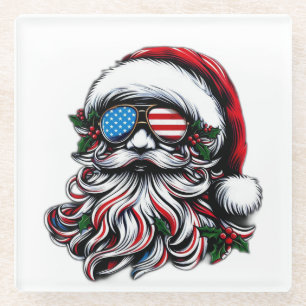 Patriotic/American Christmas Santa Glass Coaster