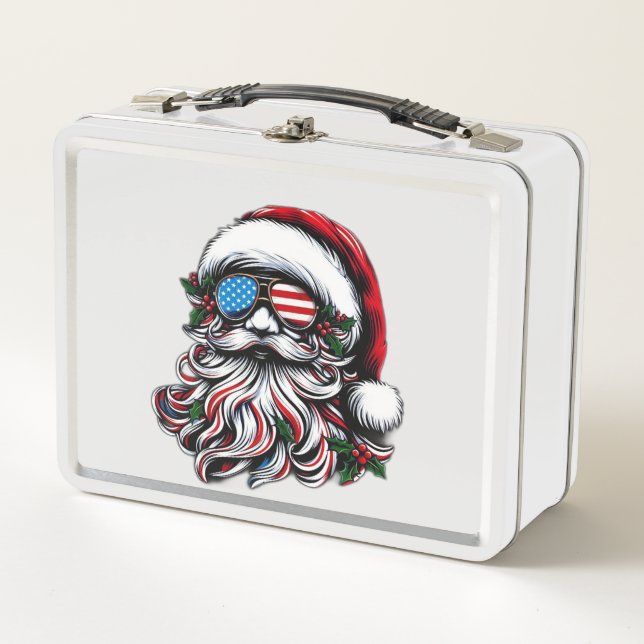 Patriotic/American Christmas Santa Metal Lunch Box (Front)