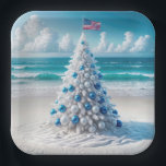 Patriotic American Christmas Tree On a Beach Paper Plate<br><div class="desc">A white Christmas tree adorned with blue and silver ornaments stands on a sandy beach topped with an American flag</div>