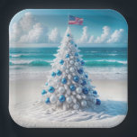 Patriotic American Christmas Tree On a Beach Paper Plate<br><div class="desc">A white Christmas tree adorned with blue and silver ornaments stands on a sandy beach topped with an American flag</div>