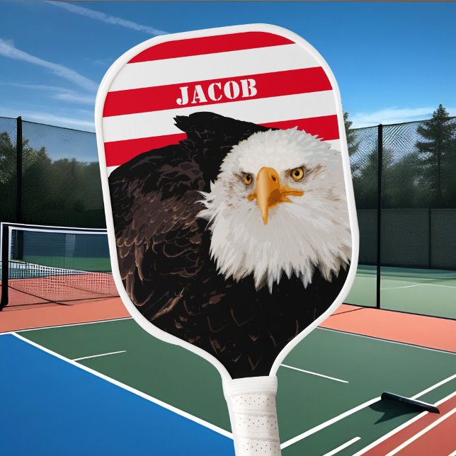 Patriotic American Eagle Bold Red USA Flag Stripes Pickleball Paddle (Patriotic American Personalized Pickleball Paddle With Bald Eagle Bold Red & White USA Flag Stripes )