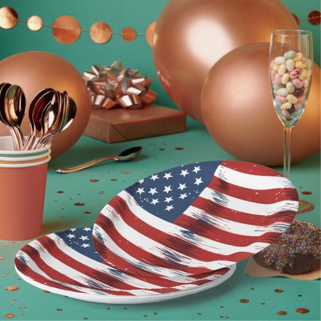 Patriotic American Flag 4th of July  Paper Plate (Multi)